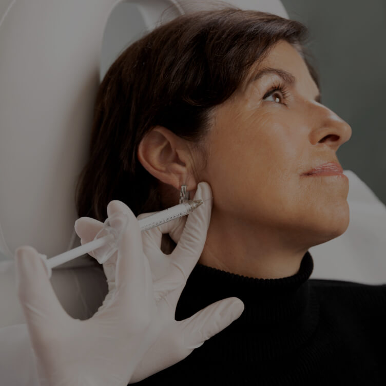 A female patient at Clinique Chloé receiving dermal filler injections in their jaw for jawline definition