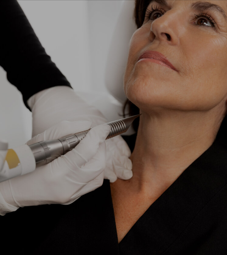 Une technicienne médico-esthétique de la Clinique Chloé traitant le cou d'une patiente avec le laser Fotona 4D
